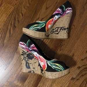 Ed Hardy Casablanca Geisha girl tattoo print wedge heels, Size 7, Worn once!